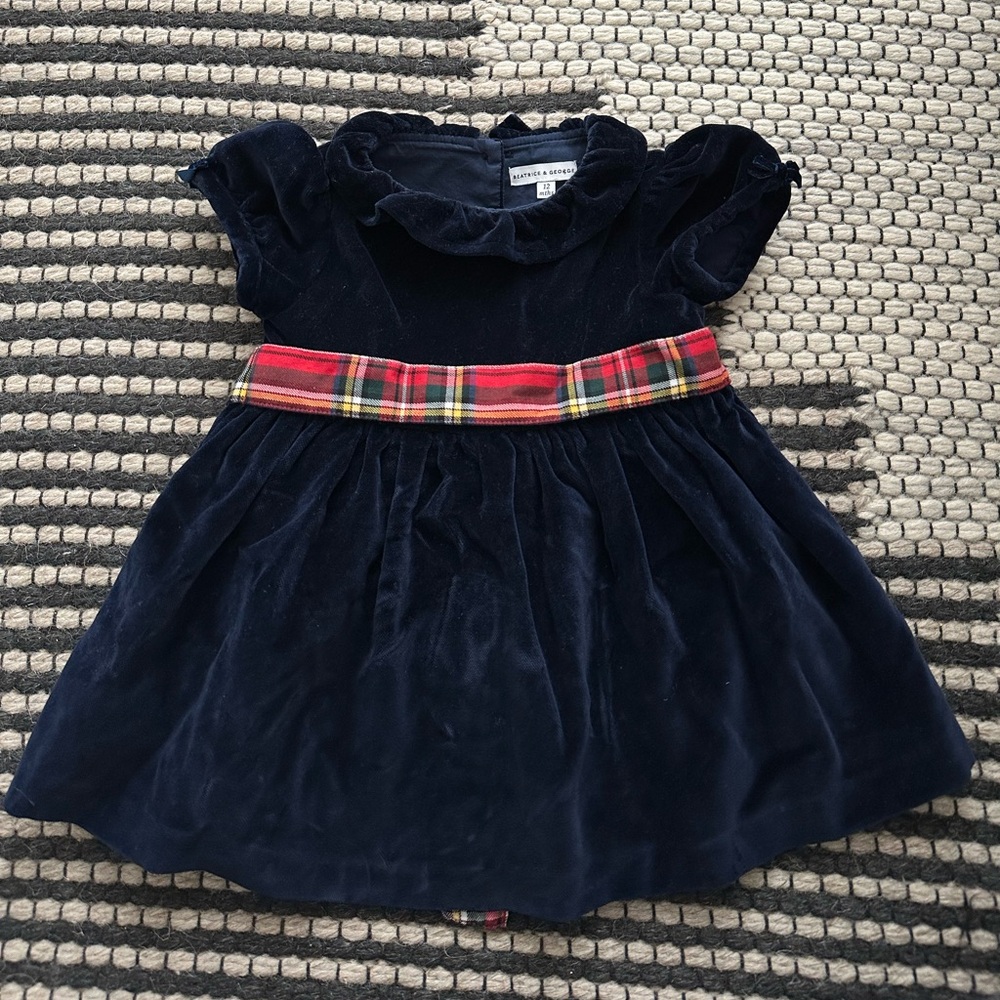 Beatrice and George navy velvet christmas dress with plaid sash